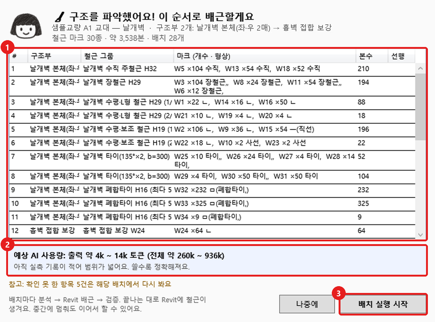 작업 계획 창: 배근 순서표, 예상 AI 사용량, 배치 실행 시작